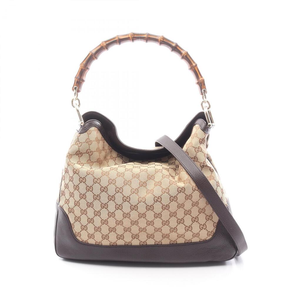 Gucci Diana Bamboo GG Canvas Leather Top Handle Bag Beige Brown